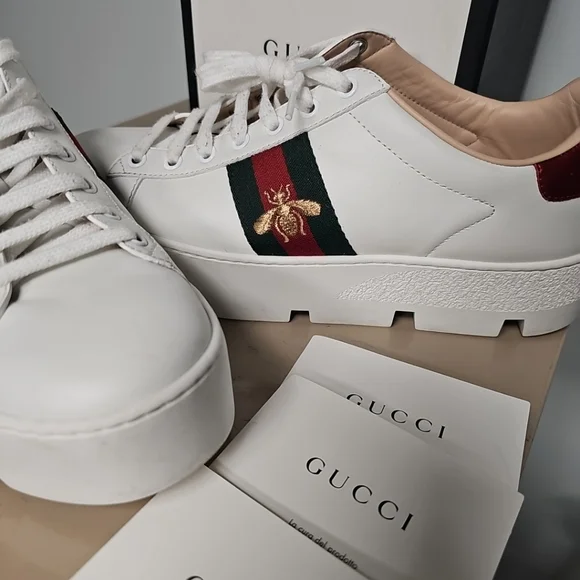 GUCCI ACE WEB BEE PLATFORM SNEAKERS WOMENS Size 40 (9/9½) 577573 - Picture 3 of 16